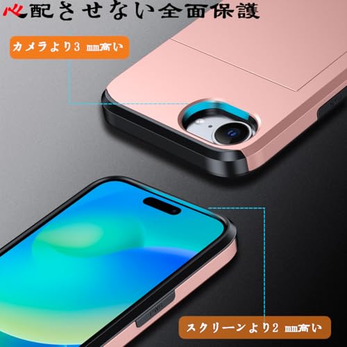 MuZiF iPhone 16e 用 ケース カード収納 耐衝撃構造 米軍耐衝撃 全面保護 擦り傷防止 PC 背面収納 アイフォン16e 用 カバー ケース(iPhone 16e用,グリーン)