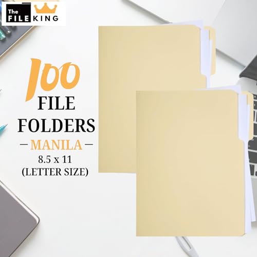 The File King 1/3 Cut File Folders Letter Size - 100 Pack | Manilla Folders 8.5 x 11 | Assorted 3 Tabs | Heavy Duty 11-Point Fiber | Made in USA | Undercut Front Style | Easy Labeling & Organization by The File King - Image 2