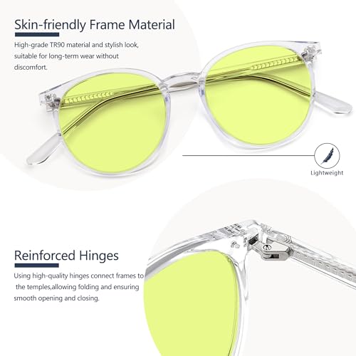Image of Blue Light Blocking Glasses for Women and Men, Round Frame Computer Gaming Glasses for Migraine, Light Sensitivity, Photophobia & LED Fluorescent Glare RF6213 (Green Lens Clear Frame)