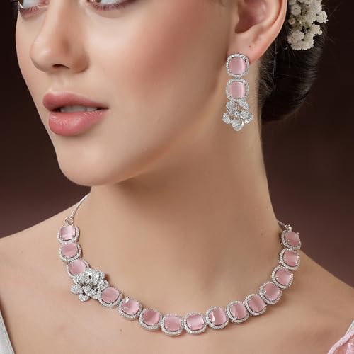 Image of ZENEME Jewellery Set Classic Style Rhodium Plated AD /American Diamond Studded Silver Plated Bejeweled Rose Necklace Jewellery Set for Women & Girls