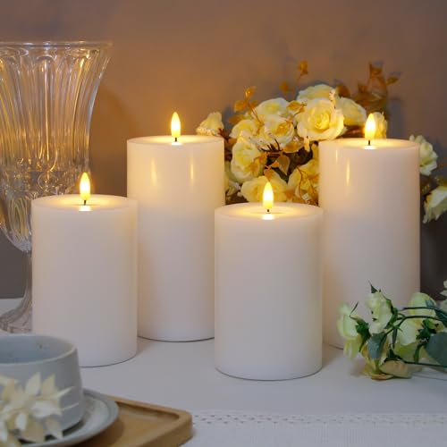 Image of Flameless Flickering 4 inch x6 inch Real Wax White Remote Candles with Candle Grease, Pack of 2 Timer LED Battery Operated Fake Warm Light Pillar Candles for Home, Banquet, Ceremony Decoration