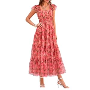 PRETTYGARDEN Women’s Summer Tulle Midi Dress Sleeveless Smocked Ruffle Flowy Mesh Dresses Party Wedding Guest Sundress