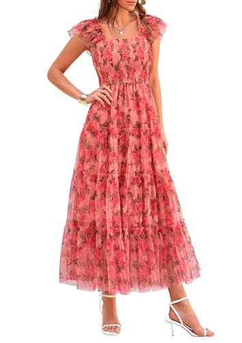 PRETTYGARDEN Women's Summer Tulle Midi Dress Sleeveless Smocked Ruffle Flowy Mesh Dresses Party Wedding Guest Sundress (Floral Orange Pink Red,Large)