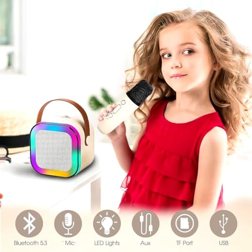 Image of Cream Portable Bluetooth Speaker with Wireless Mic, RGB LED Party Light, Heavy Bass Karaoke Speaker, Rechargeable Battery, Portable Handle, Wireless Mic for Kids & Adults, Home & Outdoor Party