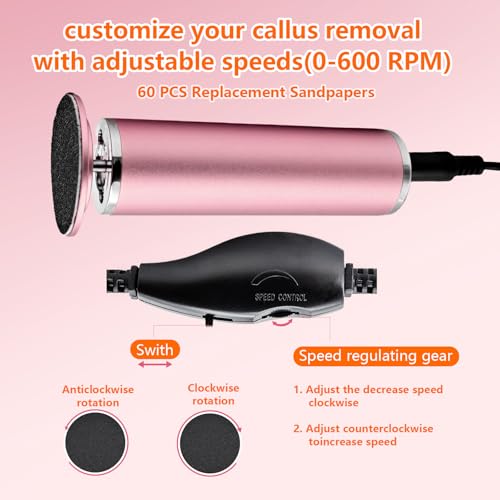Electric Foot File Remover Callus, Professional Adjustable Speed Foot File Grinder with 60pcs Replacement Sandpaper Disks for Men & Women - for Dead Skin, Calluses, Dry & Cracked Feet (Black)