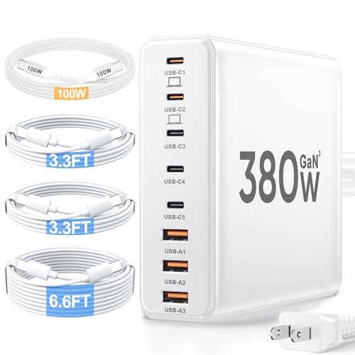 Image of 380W USB C Charger Block with 4 USB Cables Dual 100W Charging Station | 8-Port USB C Charging Station Laptop Charger Fast Type C Charging Block