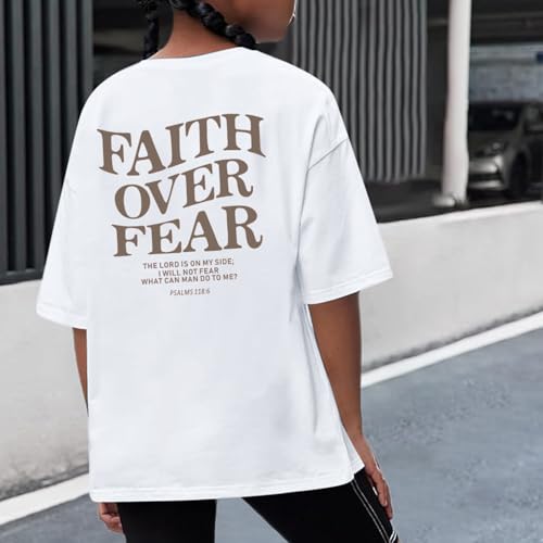 Image of Faith Over Fear Shirt Christian Jesus Tshirts for Girls Religious Inspirational Tees Bible Verse Tops for Kids 3-12