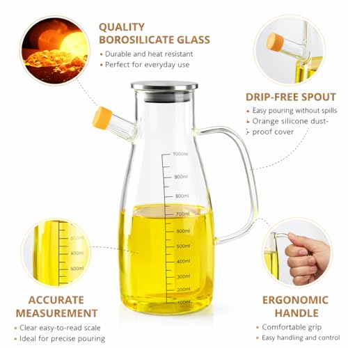 Image of 1000ml Glass Oil Dispenser Stoppers Bottle Spout free Glass Oil Bottle Cooking Oil Dispenser with Handle Pack of 1 Oil Bottle (1000ml wooden lid)