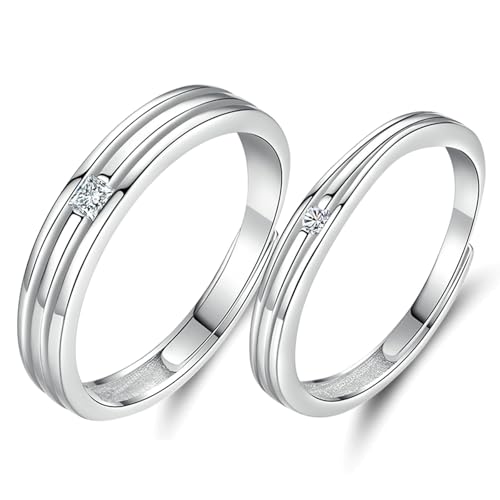 Bague de fiançailles couple réglable en argent sterling et oxyde de zirconium pour homme et femme