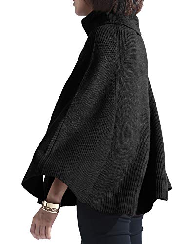 Spicy Sandia Women Turtleneck Poncho Sweater Cape Knit Pullover Black Sweaters