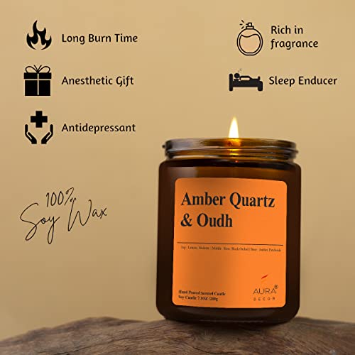 Image of AuraDecor Scented Jar Candle | Handpoured Soy Wax Candle with Long Lasting Burn Time | Premium Amber Jar Aromatherapy Candle | Ideal Gift for Home & Decor (Extra Large, Amber Quartz & Oudh)