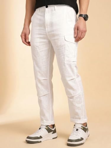 Image of Vogaan Men Cotton Linen Blend Cargo Pants | Mid Rise Regular Fit Casual Trousers | Multi Pocket Utility Bottom Wear | Comfortable Breathable Fabric Travel Outdoor Styling