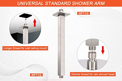 Image of Ceiling Mounted Shower Arm, Rain Shower Square Extension Arm with Flange and Teflon Tape Stainless Steel Ceiling Mount Shower Extender (12 Inch, Brushed Nickel)