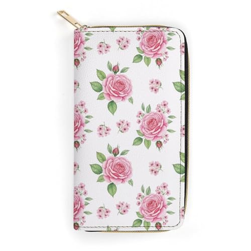 Wallets for Travel Accessories, Large Capacity Floral Flowers Pink Rose Wallet with Zipper, Wallet for Card Cash Holder