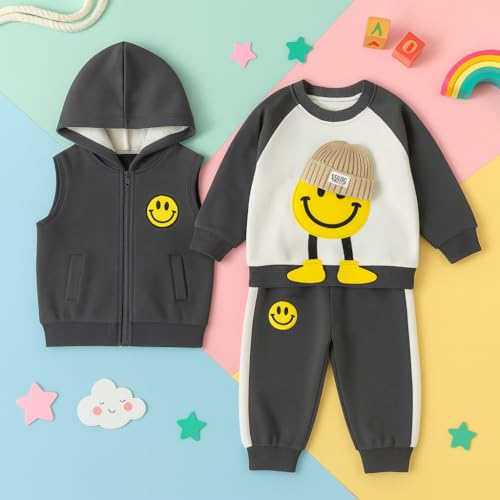 Image of Bold N Elegant Kids Polyester Printed 3d Happy Smile Face Cartoon Winter Warm Hoodied Jacket Sweatshirt and Pajamas 3 Pc Layering Party Clothing Set