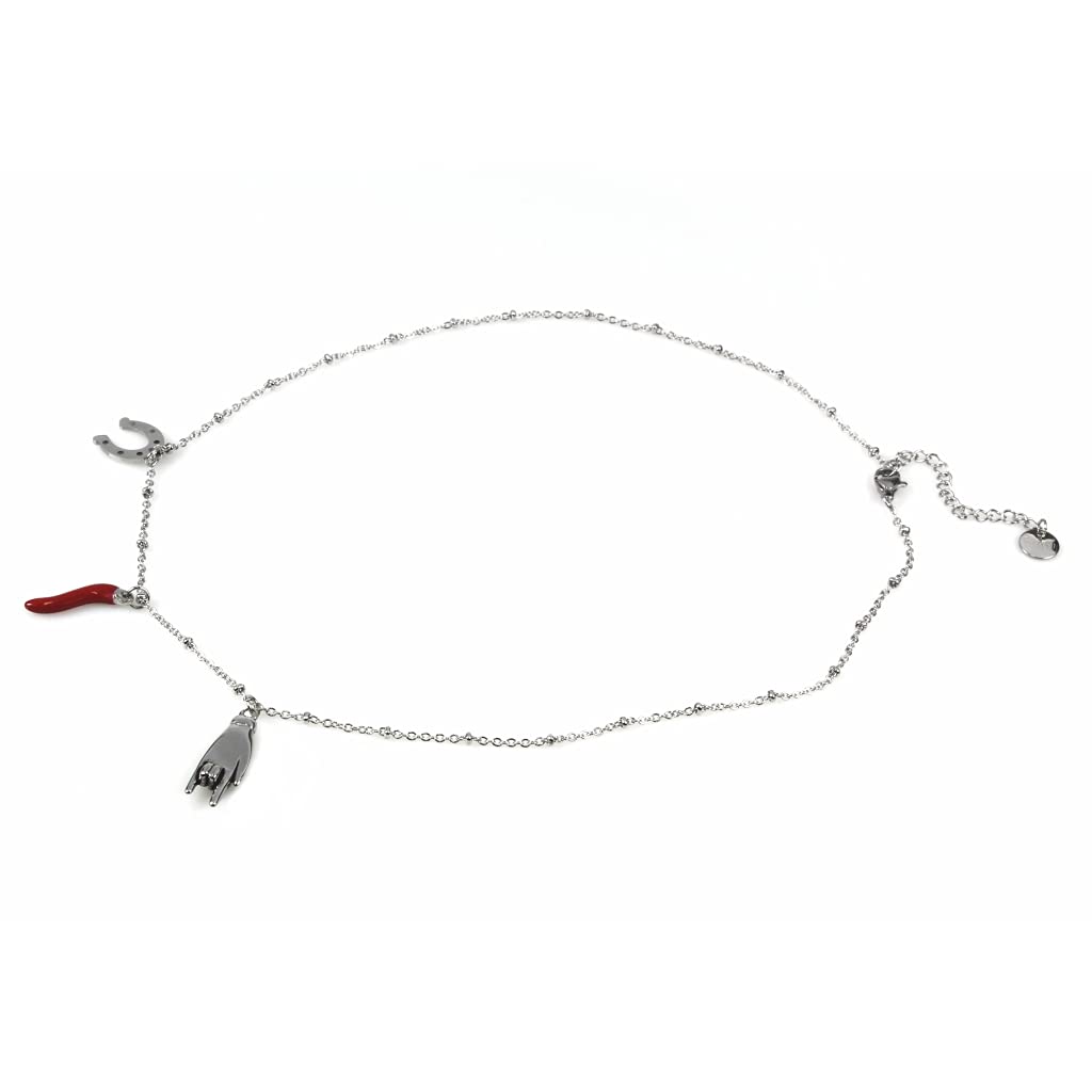 Flowers Collana in Acciaio color Oro, Rosa o Argento Portafortuna con 3 Ciondoli Corno Rosso Ferro di Cavallo e Mano Corna catenina Elegante con anelli e piccole sfere
