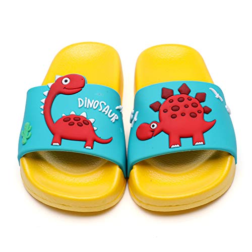 MEMON Toddler Little Kids Dinosaur Beach/Pool/Shower Slides/Anti-Skid Home Bath Slippers/Cute Summer Outdoor Shoes for Girls and Boys(2013-yel-16)