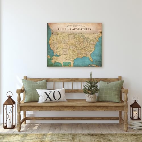 Image of DECORARTS - Push Pin Travel Map USA, US Maps for Wall, Antique Vintage Old United States Pin Board Canvas Wall Art, Giclee Print on Canvas, Handcrafted in USA, 20x16''