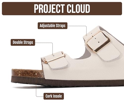 Image of Project Cloud 100% Genuine Leather Flat Sandals For Women 2026 Cork Footbed Womens Sandals with Memory Foam and arch support Vacation Essentials Slides for Women Footwear (Venita)