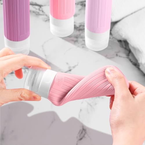 Travel Bottles for Toiletries - 3oz Portable Leak Proof Squeezable Silicone Travel Containers with Clear Toiletry Bag (4 Pack, Lavender, Deep Pink, Soft Pink)3