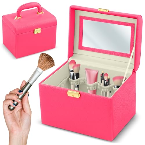 Mallette de maquillage en cuir synthétique rose avec miroir intégré