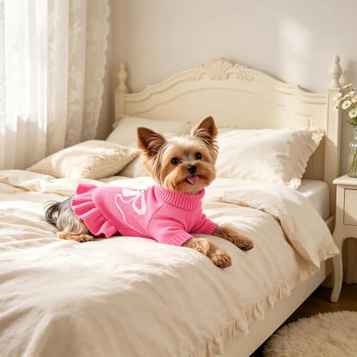 Image of YUDODO Bowknot Dog Sweater Dress for Small Dogs Girl, Stretchy Pet Clothes