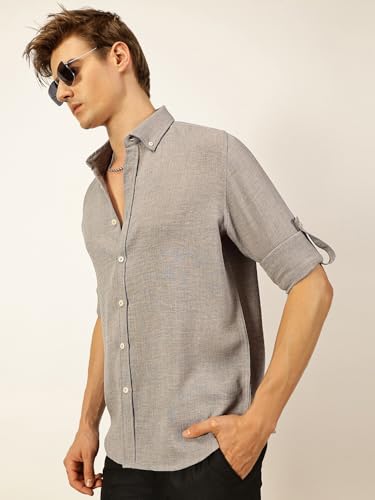 Image of Thomas Scott Men's | Solid | Textured Fabric | Full Sleeve | Slim Fit | Polyester-Blend | Spread Collar | Casual Shirt