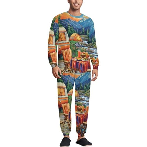 Camping And Sunset Pajama Set Long Sleeve Lounge Sets Sleepwear 2 Pjs Nightwear for Men Women
