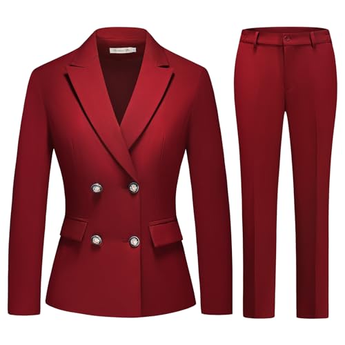 MODFUL Womens 2 Piece Business Suit Double Breasted Blazer and Pants Work Suit Set (RedX-Small)