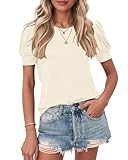 WNEEDU Camisetas Manga Corta Mujer con Abullonadas Verano Blusas Elegante Cuello Redondo Camisa Basicas T-Shirt Top Color Crema XL