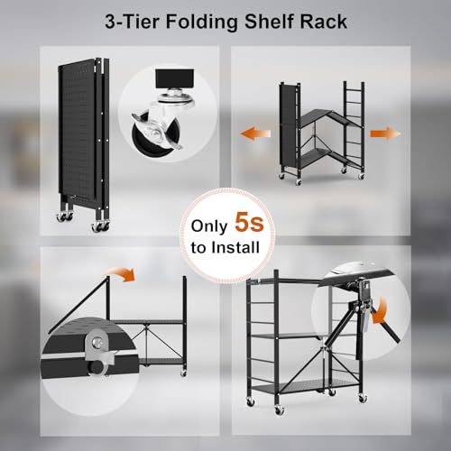 Image of Himix 3 Tier Foldable Storage Shelf with Wheels 6 Hooks No Assembly Black | Metal collapsible organization, Folding shelves rack, Wire shelving, Unit rolling cart, Kitchen, Garage, Holds 792 Ibs