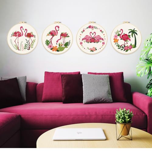Image of FREEBLOSS 4 Set 8'' Roses Embroidery Kit Flamingo Stamped Pattern Hand Embroidery Kit Embroidery Starter Kit with Detained Instructions Cross Stitch Kit Includes Embroidery Hoops, Color Threads