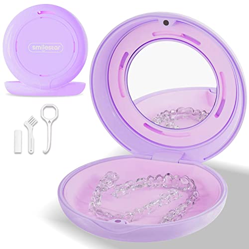 Retainer Case with Mirror and Adjustable Vent Holes, Cute Slim Aligner Case Compatible with Invisalign, Night Mouth Guard Case, Retainer Holder with Retainer Remover Tool, Chew & Brush, Purple