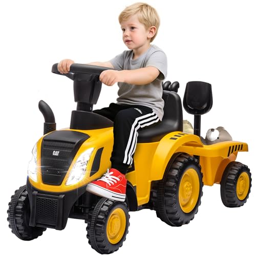 Qaba 2 in 1 Ride on Tractor for Kids, Caterpillar Licensed Ride on Excavator with Shovel & Detachable Trailer, No Power Ride on Push Car for 18-36 Months, Yellow