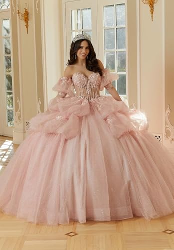 Glitter Tulle Quinceanera Dresses with Bow Elegant Ruffles Ball Gowns Lace Appliques Sweet 15 16 Dresses with Sleeves3