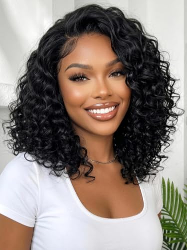 Image of KLAIYI Bye Bye Slip Bob Water Wave Precut 6x4Lace Front Wigs Human Hair 220%Density Side Part Drawstring Curly Glueless Pre Plucked Bleached Knots 3S Ready to Wear and Go Wig Beginner Friendly 12Inch