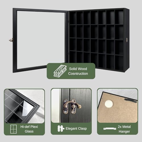 Vitrina grande para coleccionables de pared con marco de madera negra y 28 huecos 5