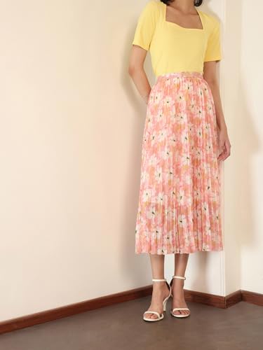 Image of FableStreet Women Skirt Casual & Festive | Elegant Flared Fit High Rise Knife Pleats All-Over Floral Print | Wrinkle-Resistant Woven Fabric for Summer & Outings