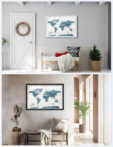 Image of IPIC - Large Personalized World Map Canvas Wall Art, Push Pin Travel Map with Custom Names to Track Your Travels, Vintage Teal Framed Wall Decor for Home, Office or RV, Ready to Hang