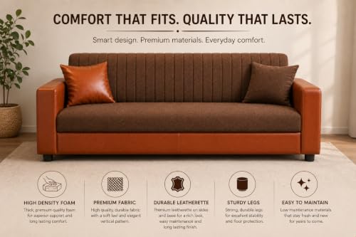 Image of 3+2 Sofa Set for Living Room | 3 Seater & Two Seater Sofa | Premium Fabric & Leatherette Upholstery | Soft Foam Cushions | for Home, Office & Reception | Pre-Assembled(Brown and Tan)
