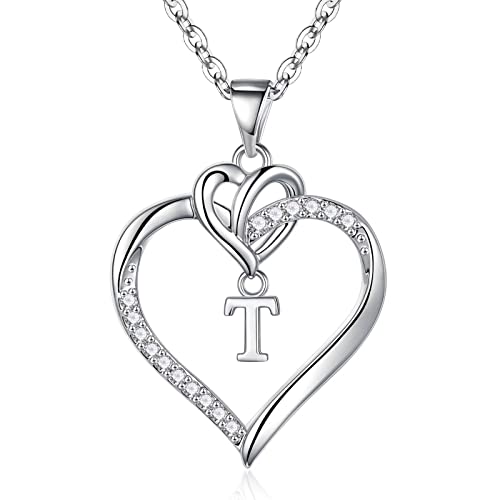 STORUP Heart Necklaces for Women Cute Heart Initial T Necklaces for Women Dainty Heart Necklace Birthday Valentines Mothers Day Gifts for Mom Wife Women