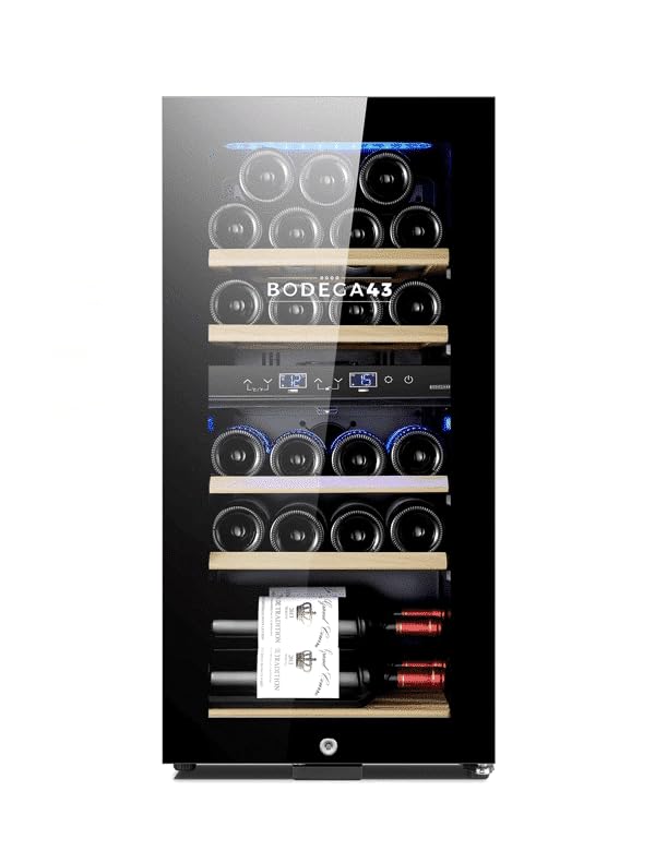 BODEGA43-22 - Vinoteca pequeña - 2 zonas de temperatura, 22 botellas, 5-20ºC, 60 litros, bajo nivel de ruido (41 dB), cinco cajones de madera de haya, compresor con refrigeración por ventilador