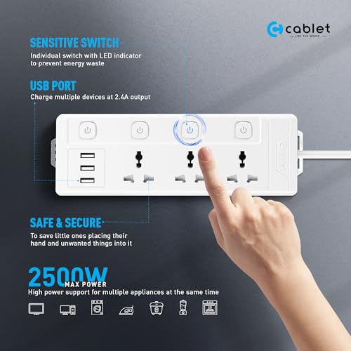 Image of Cablet 2500W Heavy Duty Extension Board with 3 USB Ports (2.4A), 3 Universal Sockets, Individual Switches, Safety Shutter, 10A Power Strip, 1.8M Copper Wire Cord, for Home & Office Use - 250V