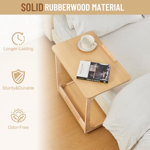 Image of Uniclinens Rolling Side Table Desk Sofa - C Shape Couch End Table with Wheels, Mobile Wooden Slim Sofa Tray, Movable Small Couch Desk for Living Room Bedroom, Natural