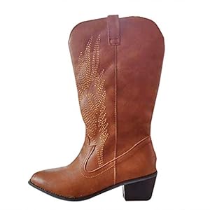 BIISDOST Westernlaarzen voor dames, cowboy-cowgirl-laarzen met halfhoge hak, winterrijlaarzen, teenborduurwerk, klassieke laarzen, hakschoenen, boots, brede schacht, bruin, leren laarzen, modieuze
