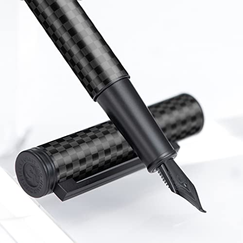 Image of Hongdian Black Carbon Fiber Fountain Pen, Bent Nib Fude Pen for Calligraphy Writing (Fine to Broad) with Converter and Metal Pen Box Set
