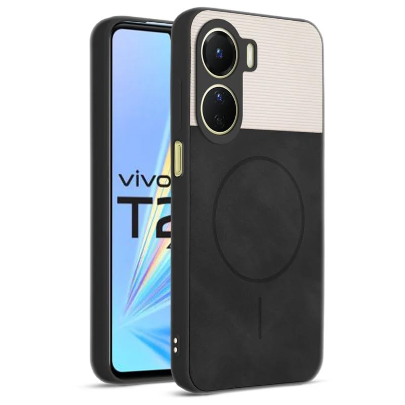 Image of Bintage case Dual-Leather Macc-Safe Design Phone Case| Soft Touch Finish | Full Camera Protectection Back Cover Compatible for Vivo V2312 / T2X 5G / Y56 5G - White & Black