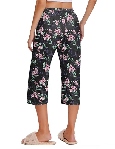 Ekouaer 2 Pack Women's Capri Pajama Pants Printed Drawstring Comfy Pj Bottoms With Pockets3
