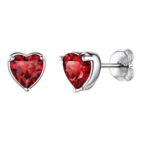 Pendientes de Corazón en Color Granate Rojo Piedras Natales de Cumpleaños de Enero Aretes Hipoalergénicos Plata de Ley 925 para Mujeres