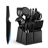 Onader Messerblock mit Messer Set, 22-teiliges Edelstahl Messerset und Silikon Küchenutensilien mit Block, Scharfe Küchenmesser Set mit Wetzstahl, Profi Kochmesser mit Küchenhelfer für Kochen, Schwarz